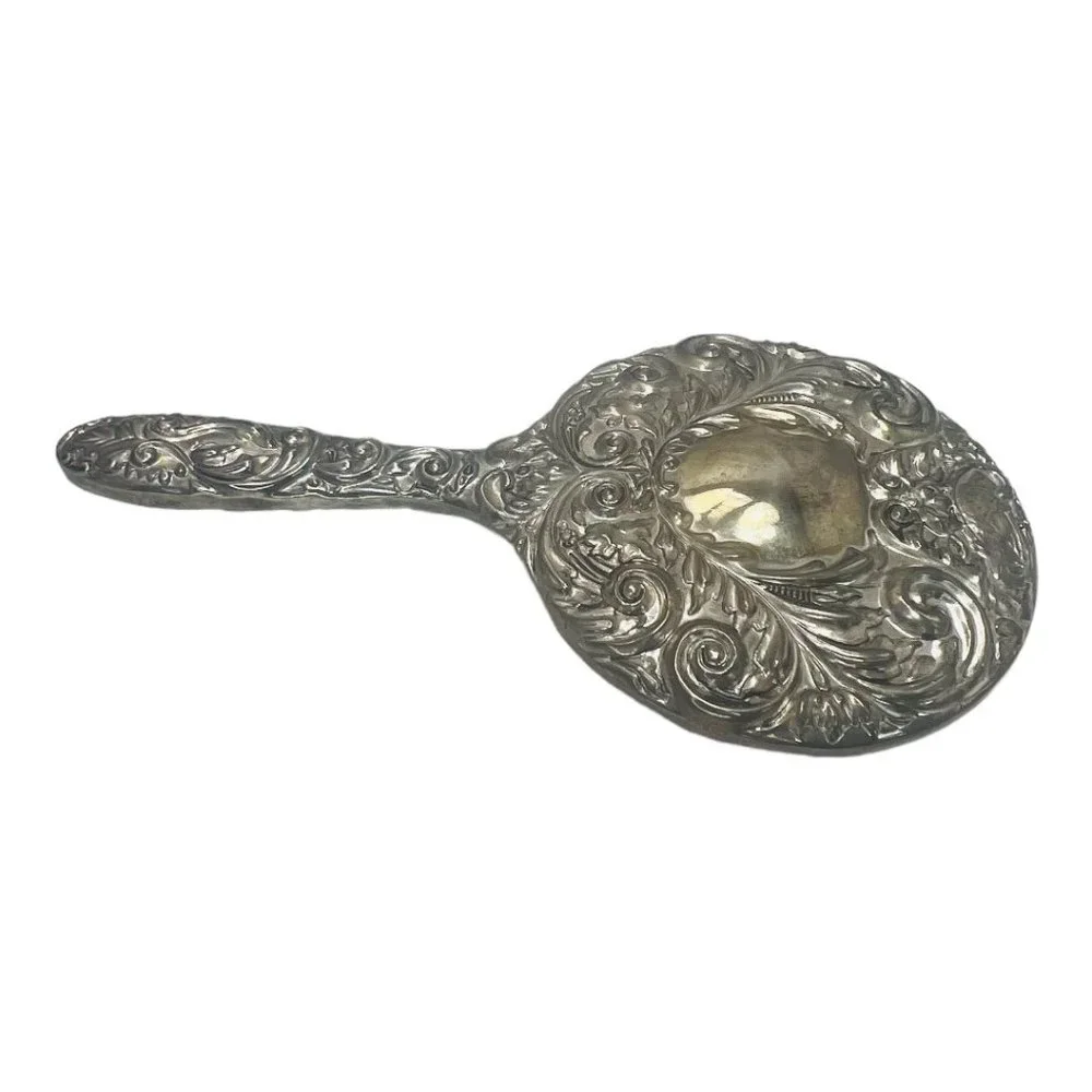 Antique Silver Plated Vanity Mirror, Embossed Handheld Mirror